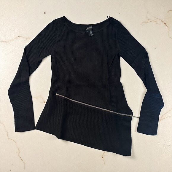 WHITE HOUSE BLACK MARKET WHBM Black Long Sleeve Asymmetrical Trim Blouse Sz XS - Picture 1 of 7